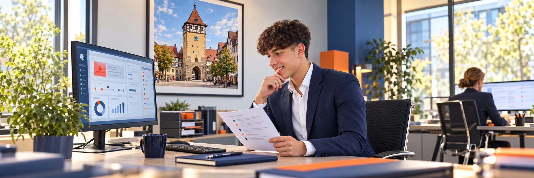 Benjamin Starcevic bearbeitet einen Cyber-Schaden im Büro mit dem Tübinger Tor als Wandmotiv – KI-Szene