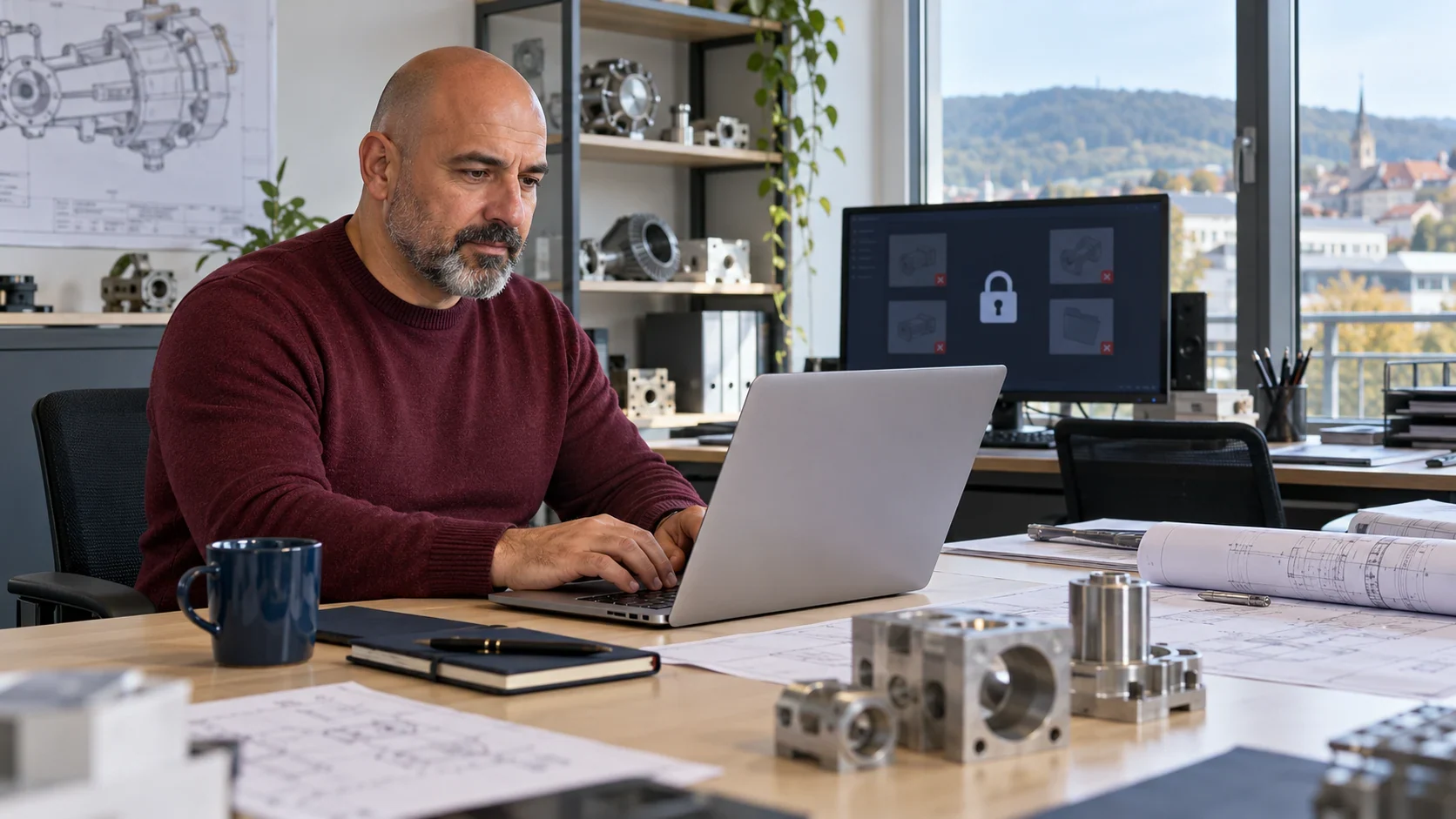 Inhaber eines Ingenieurbüros dokumentiert einen Cybervorfall an einem separaten Laptop – KI-Beispiel