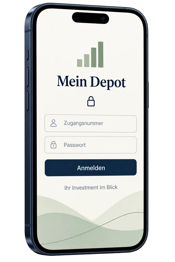 Smartphone mit beispielhafter Depot-Anmeldemaske – illustrative Ansicht