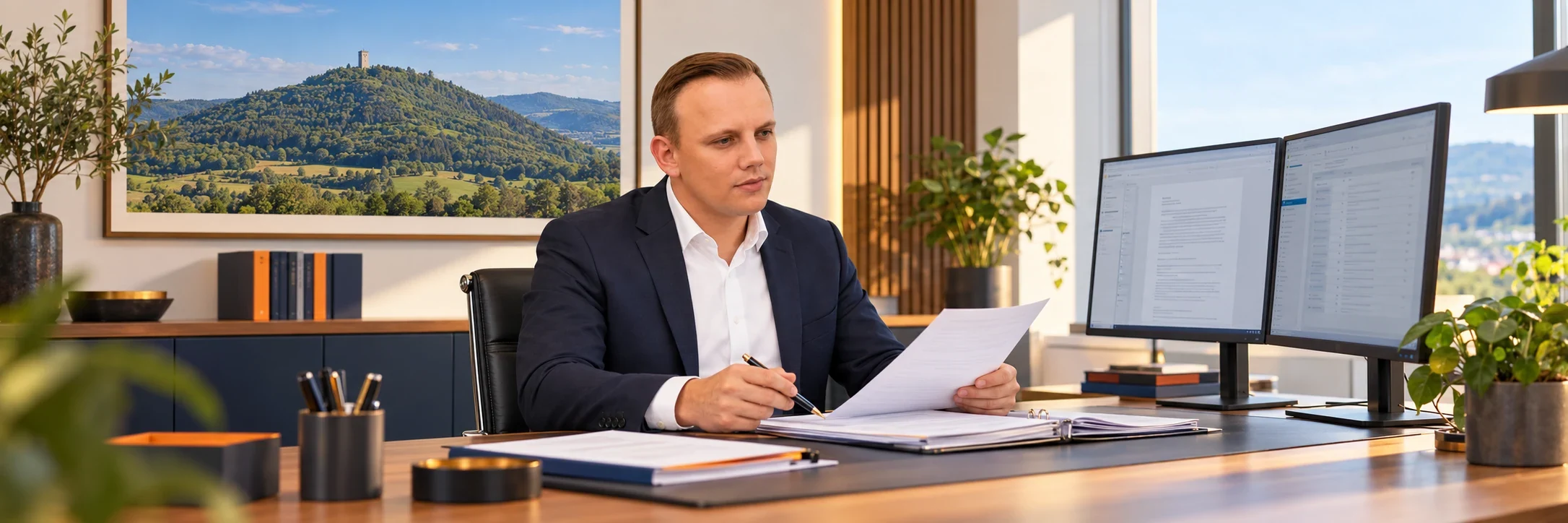Markus Rataj bearbeitet einen D&O-Vorgang; Reutlinger Motiv im Büro – KI-Szene