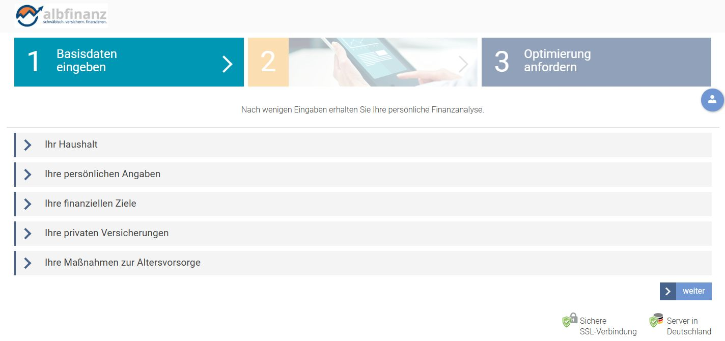 Tatsächlicher Einstieg in den albfinanz Finanzcheck: Haushalt, persönliche Angaben, finanzielle Ziele, Versicherungen und Altersvorsorge.