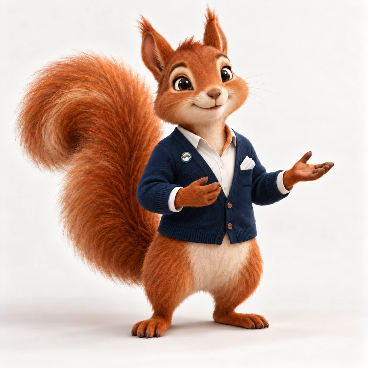 Finny, das albfinanz-Eichhörnchen mit weißem Einstecktuch und Logo-Anstecker