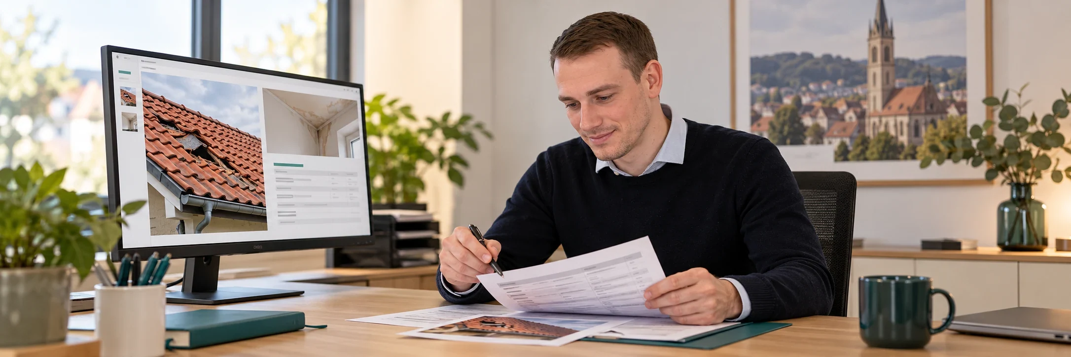 KI-Szene: Christoph Bechtle prüft im Büro Schadenfotos am Computer und einen Kostenvoranschlag nach einem Sturmschaden am Haus