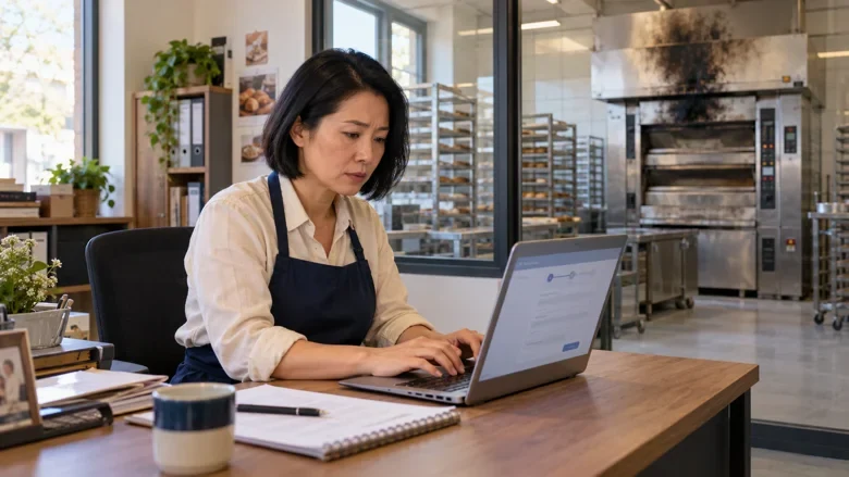 Bäckereiinhaberin mit schwarzem Bob meldet den Brandschaden digital am Laptop; der verrußte Backofen steht still – KI-Beispiel