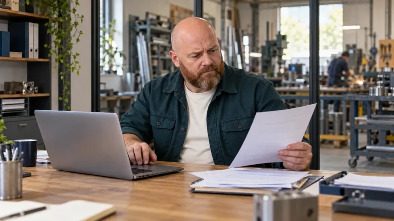 Inhaber eines Handwerksbetriebs mit Glatze und Vollbart meldet einen Streit um seine Geschäftsräume digital am Laptop – KI-Beispiel