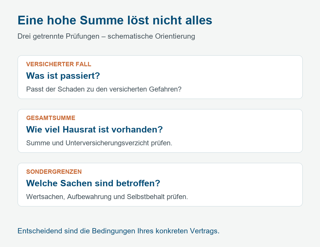 Drei Prüfungen: versicherter Schadenfall, Gesamtsumme und besondere Entschädigungsgrenzen.