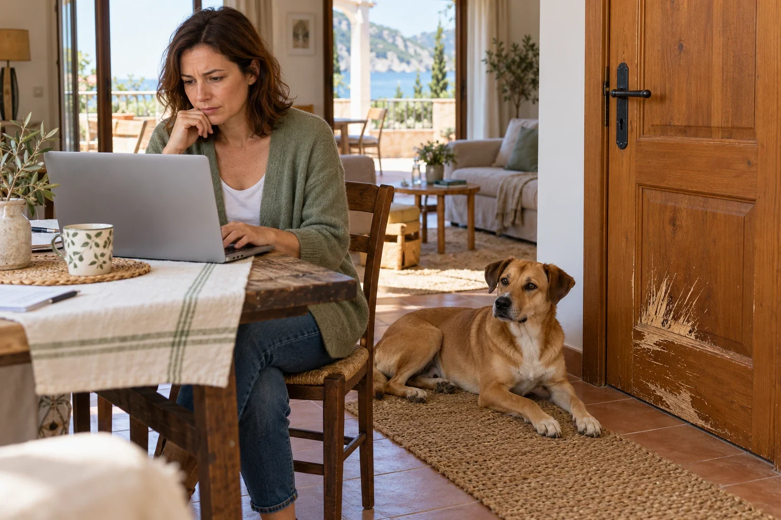 Hundehalterin meldet am Laptop die vom Hund zerkratzte Tür einer gemieteten Ferienwohnung – KI-Beispiel