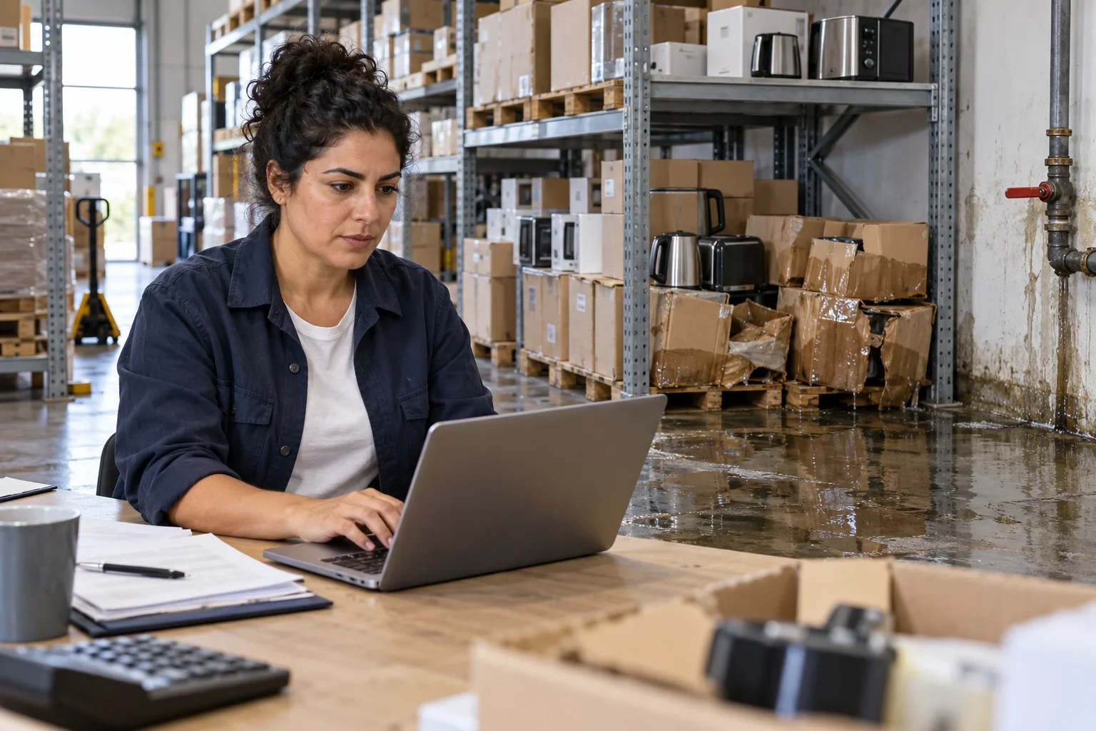 Eine Großhändlerin mit dunklen Locken meldet einen Leitungswasserschaden an Waren im Lager digital am Laptop – KI-Beispiel