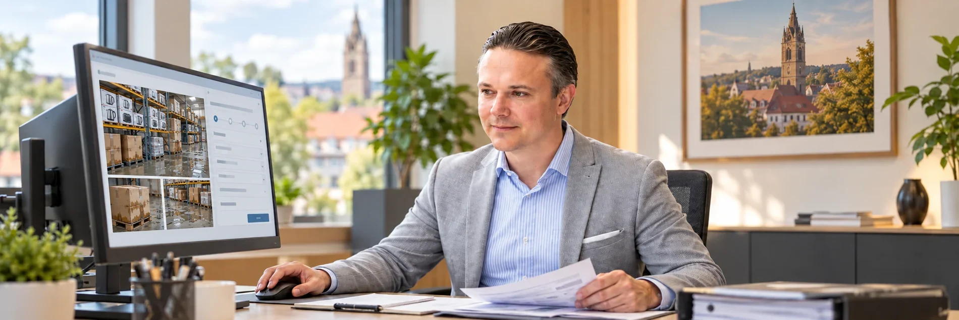 Paul-Jakob Sendler bearbeitet eine digitale Inhalts-Schadenmeldung im Büro mit Reutlinger Motiv – KI-Szene