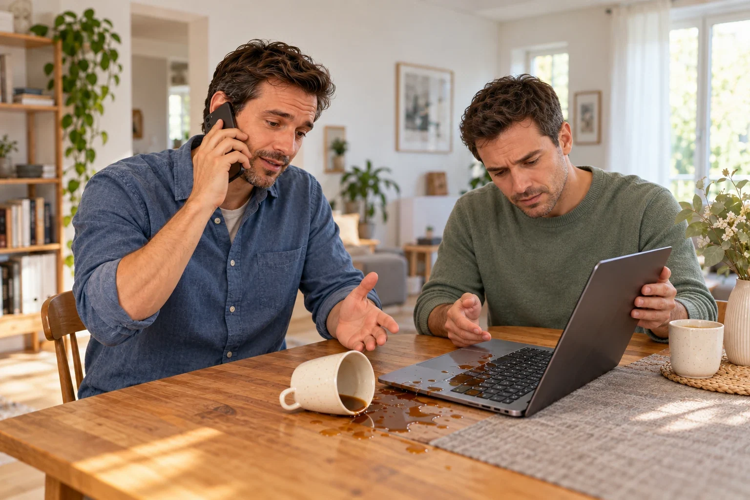 KI-gestelltes Beispiel: Beim Besuch verschüttet der Gast seinen Kaffee über den Laptop seines Freundes und meldet den Fremdschaden telefonisch