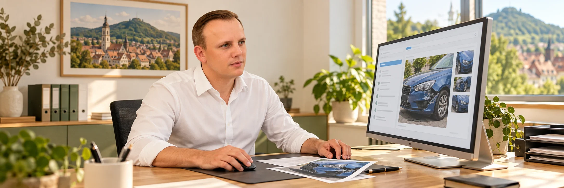 KI-Szene: Markus Rataj bearbeitet im albfinanz-Büro einen digital eingereichten Kfz-Schaden