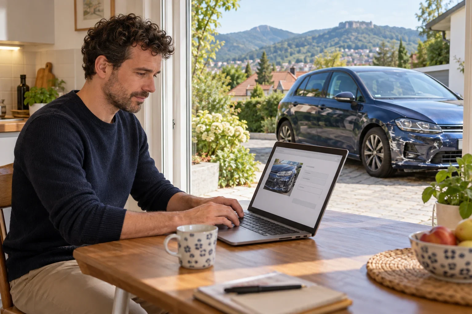 KI-Beispiel: Autofahrer meldet einen bereits gesicherten Unfallschaden digital am Laptop; sein beschädigtes Auto steht auf der Einfahrt
