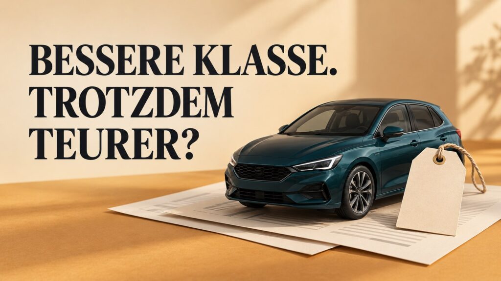 Kfz-Versicherung 2027: Dunkelblaues Auto auf Unterlagen mit der Frage „Bessere Klasse. Trotzdem teurer?“