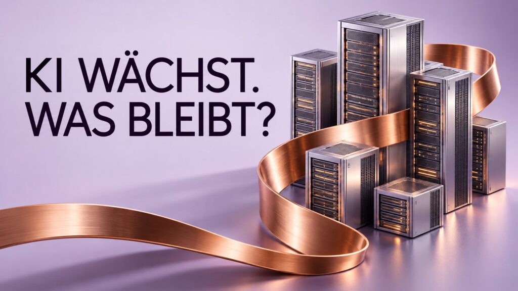 KI wächst. Was bleibt? Serverinstallation mit kupferfarbenem Band als Symbol für den Kapitalbedarf von KI-Unternehmen.