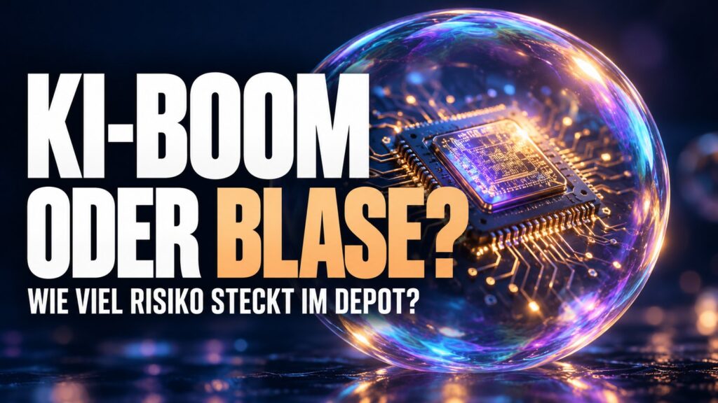 Leuchtender KI-Chip in einer schillernden Blase: KI-Boom oder Blase – wie viel Risiko steckt im Depot?