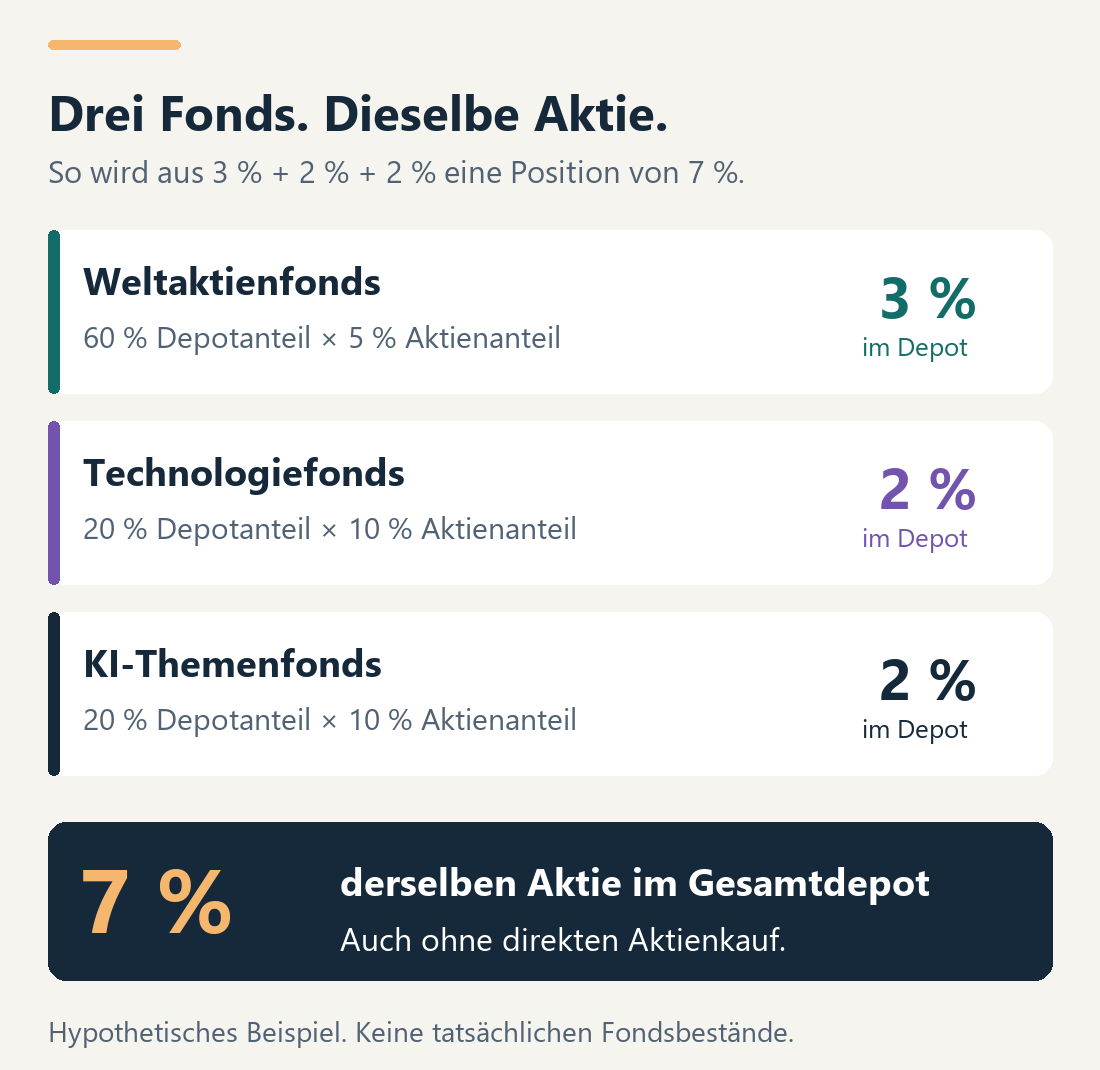 Hypothetisches Depot: 60 Prozent Weltaktienfonds mal 5 Prozent Aktiengewicht ergeben 3 Prozent; jeweils 20 Prozent Technologie- und KI-Fonds mal 10 Prozent ergeben je 2 Prozent. Zusammen sind es 7 Prozent derselben Aktie.
