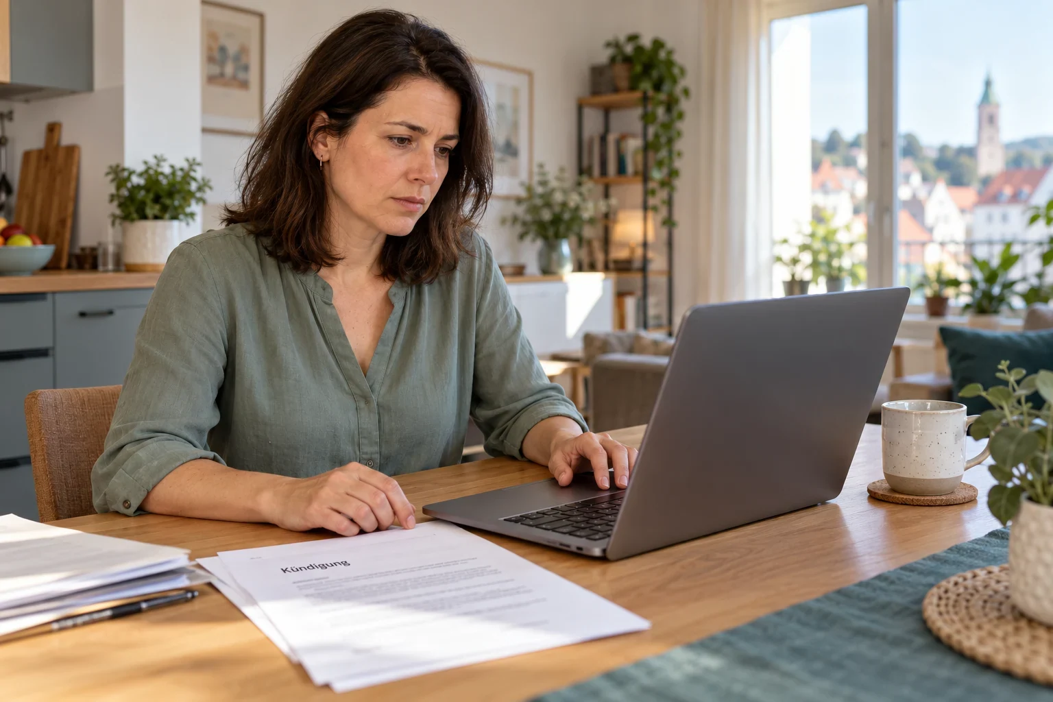 KI-Beispiel: Arbeitnehmerin reicht nach einer Kündigung ihre Unterlagen digital am Laptop ein