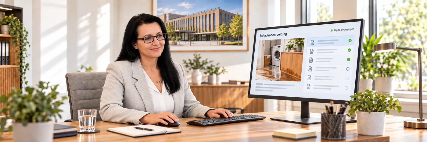Digitale Schadenbearbeitung bei albfinanz: Eine Mitarbeiterin prüft eine eingegangene Meldung; im Hintergrund ein Reutlinger Stadtmotiv.