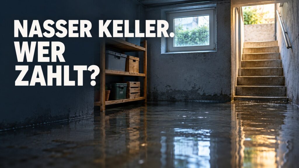 Illustration eines überfluteten Kellers mit der Frage: Nasser Keller. Wer zahlt?