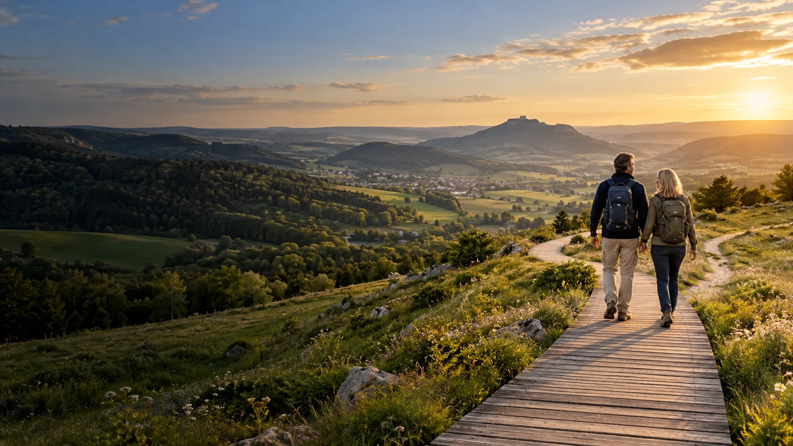 Zwei Menschen auf einem Weg durch eine schwäbisch inspirierte Hügellandschaft – illustrative KI-Szene