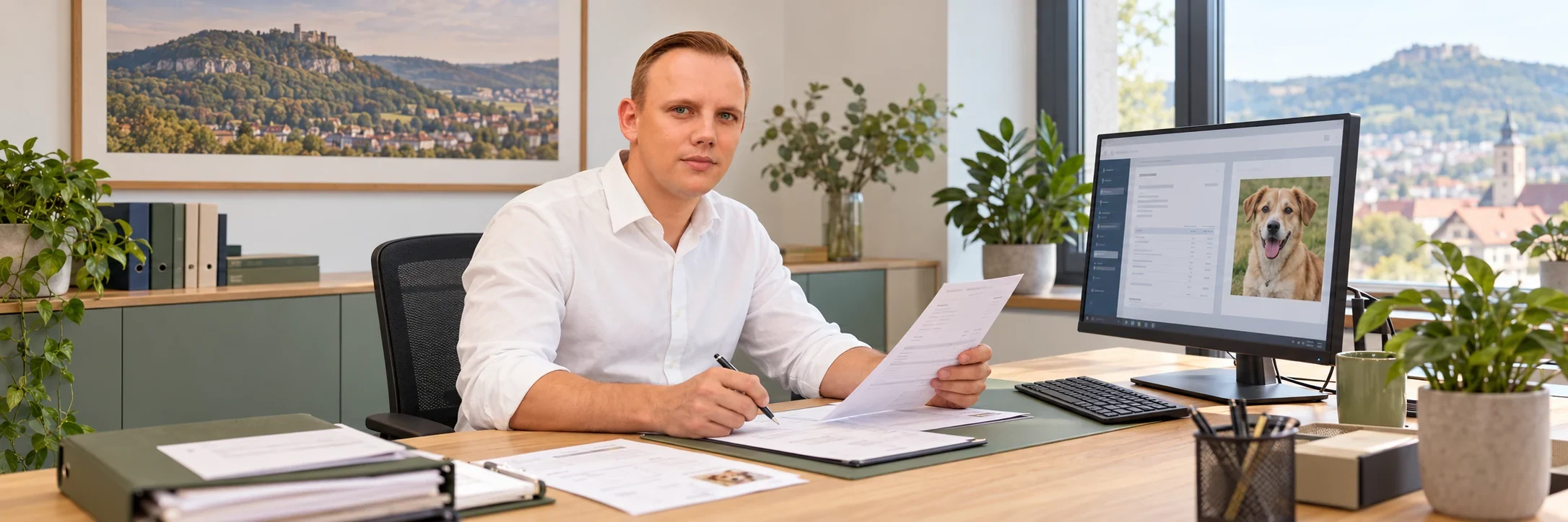 Markus Rataj prüft im Büro eine Tierarztrechnung und die Versicherungsunterlagen – KI-gestaltete Szene
