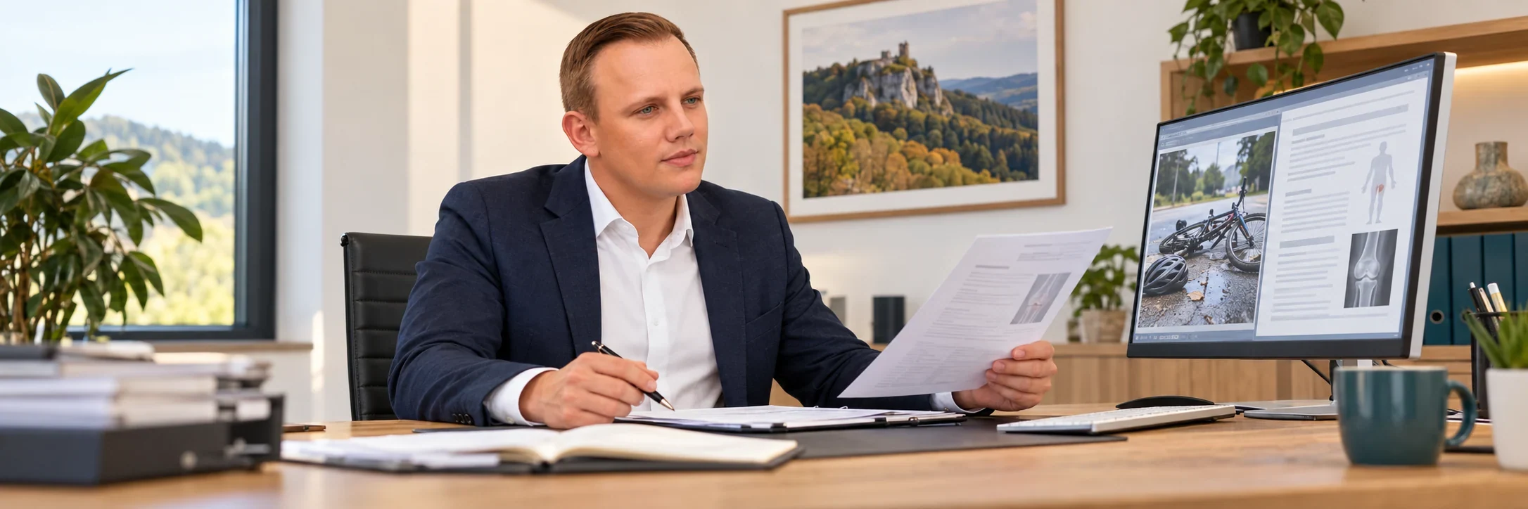 Markus Rataj prüft am Computer einen digital gemeldeten Unfall – KI-gestaltete Szene