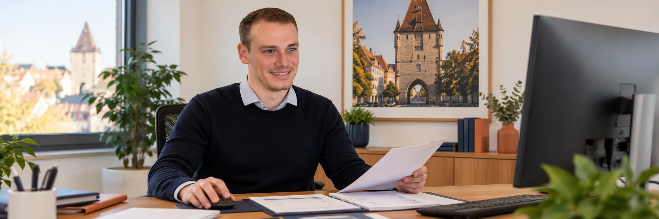 Christoph Bechtle bearbeitet eine digitale Vermögensschadenmeldung; Reutlinger Motiv im Hintergrund – KI-gestaltete Szene